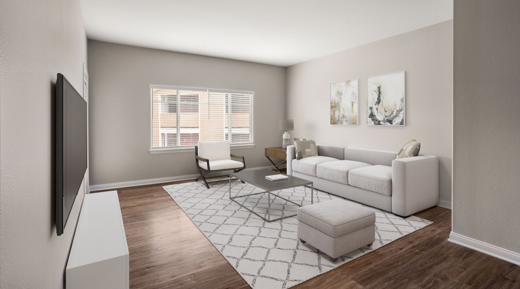 living room with tv couch and coffee table