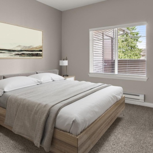 a bedroom with a large mirror