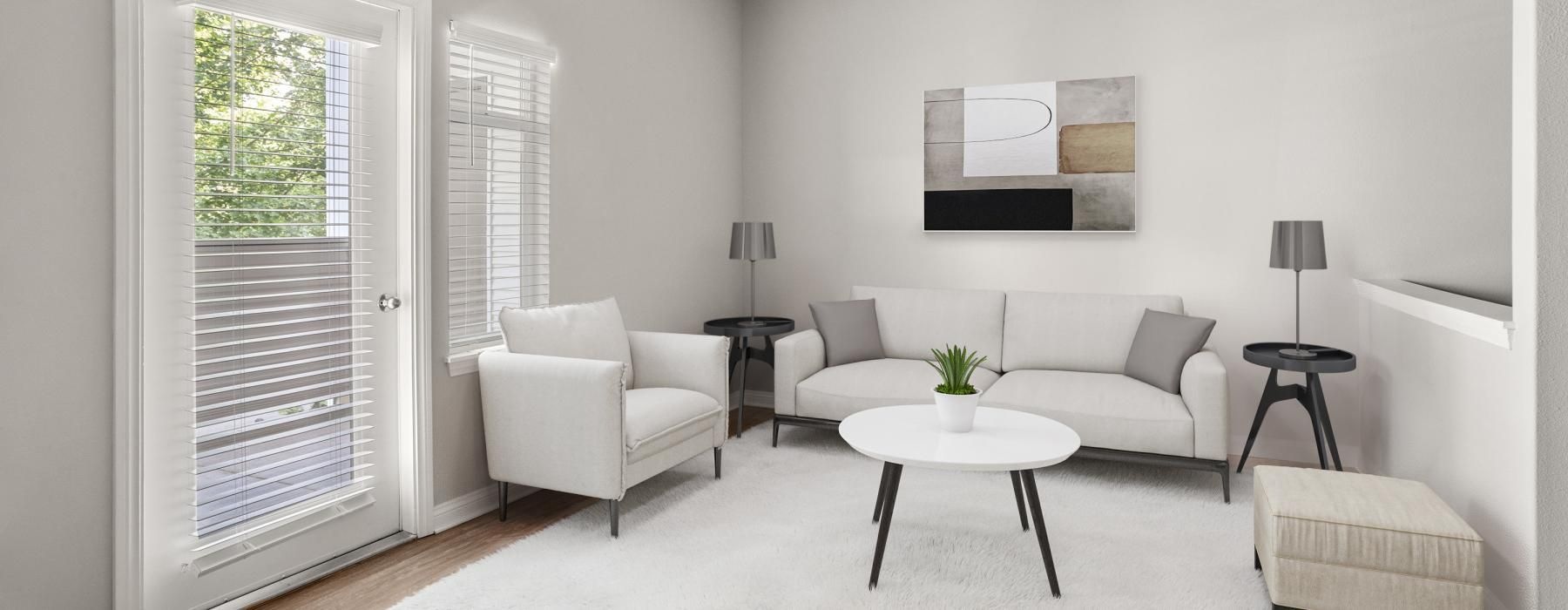 a living room with a fan