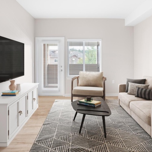 a living room with a tv and couches