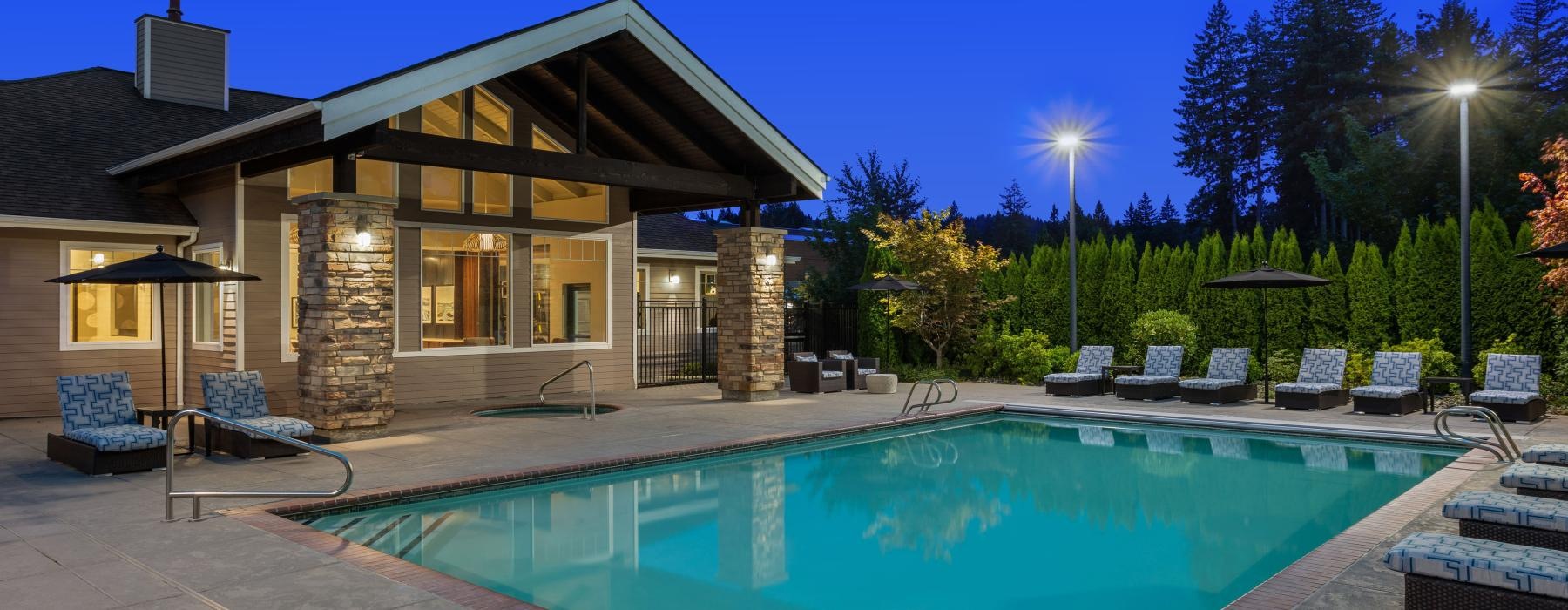 a swimming pool outside a house